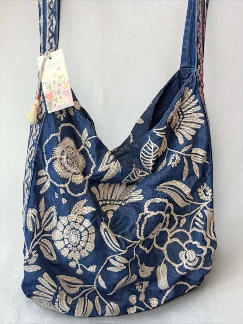 NWT Johnny Was Denim Embroidered Lucinda Wide Strap Slouchy Hobo Tote Bag $268